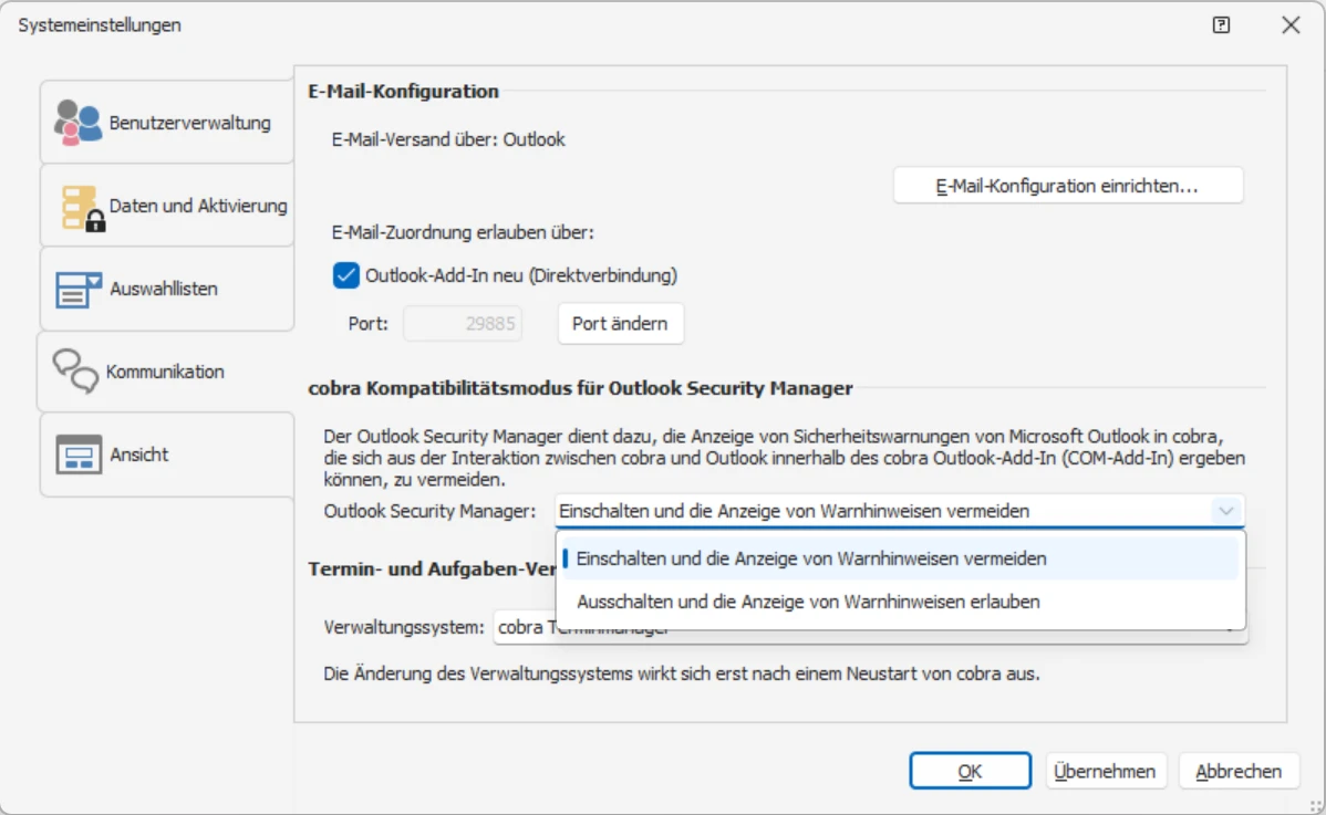 cobra Kompatibilitätsmodus für Outlook Security Manager