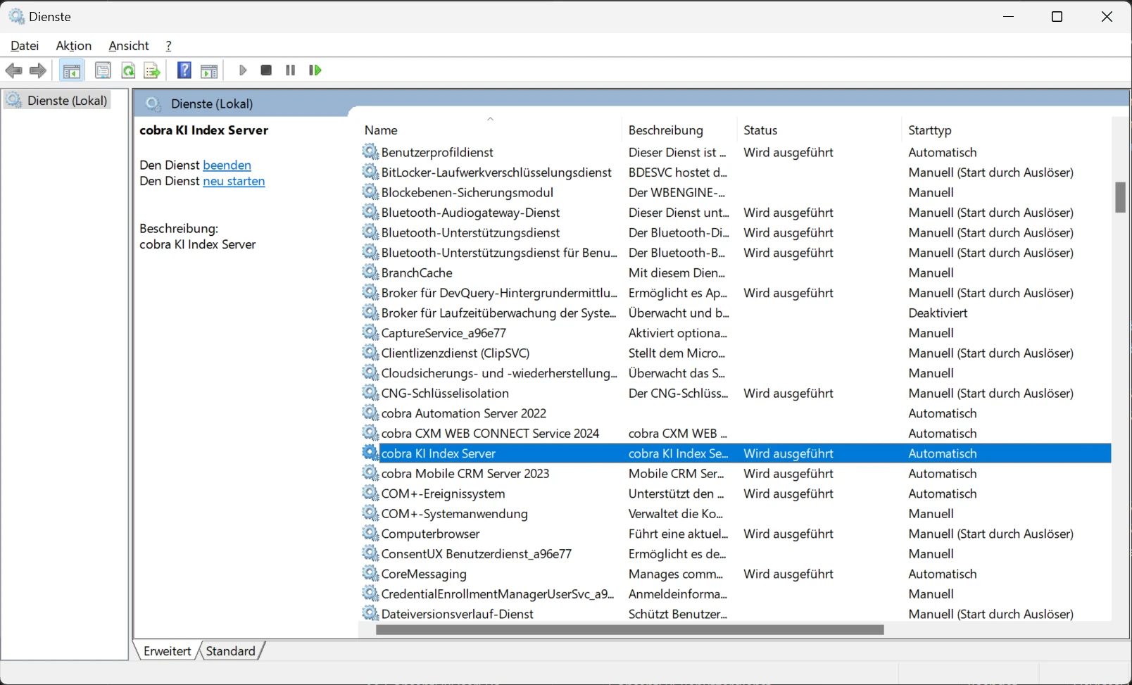 Windows-Dienste mit dem Dienst cobra KI Index Server