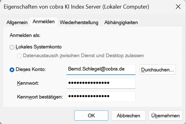 Eigenschaften des Dienstes cobra KI Index Server Register Anmelden mit hinterlegtem Konto und Kennwort
