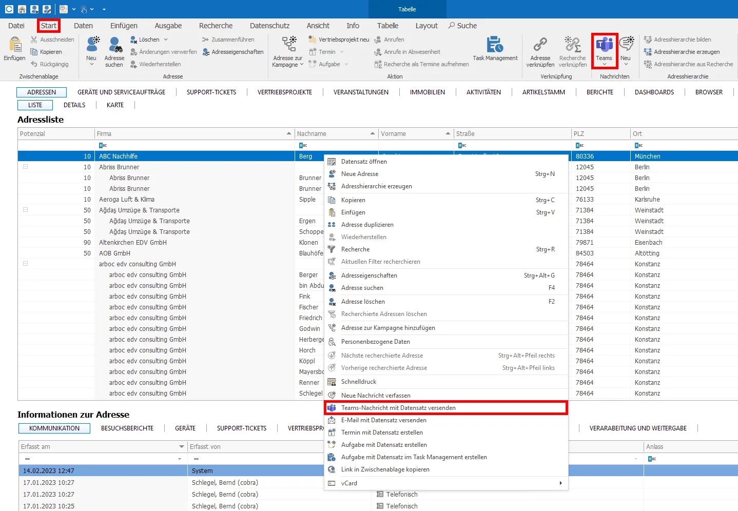 Teams Integration Datensatz als Nachricht versenden Kontextmenü Menüband