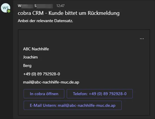 Datensatz per Teams Beispiel Nachricht