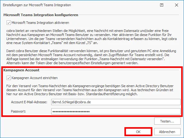 Teams Integration Kampagnen Account einrichten