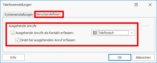 TAPI CallTo Telefoneinstellungen ausgehender Anruf Kontakt erfassen