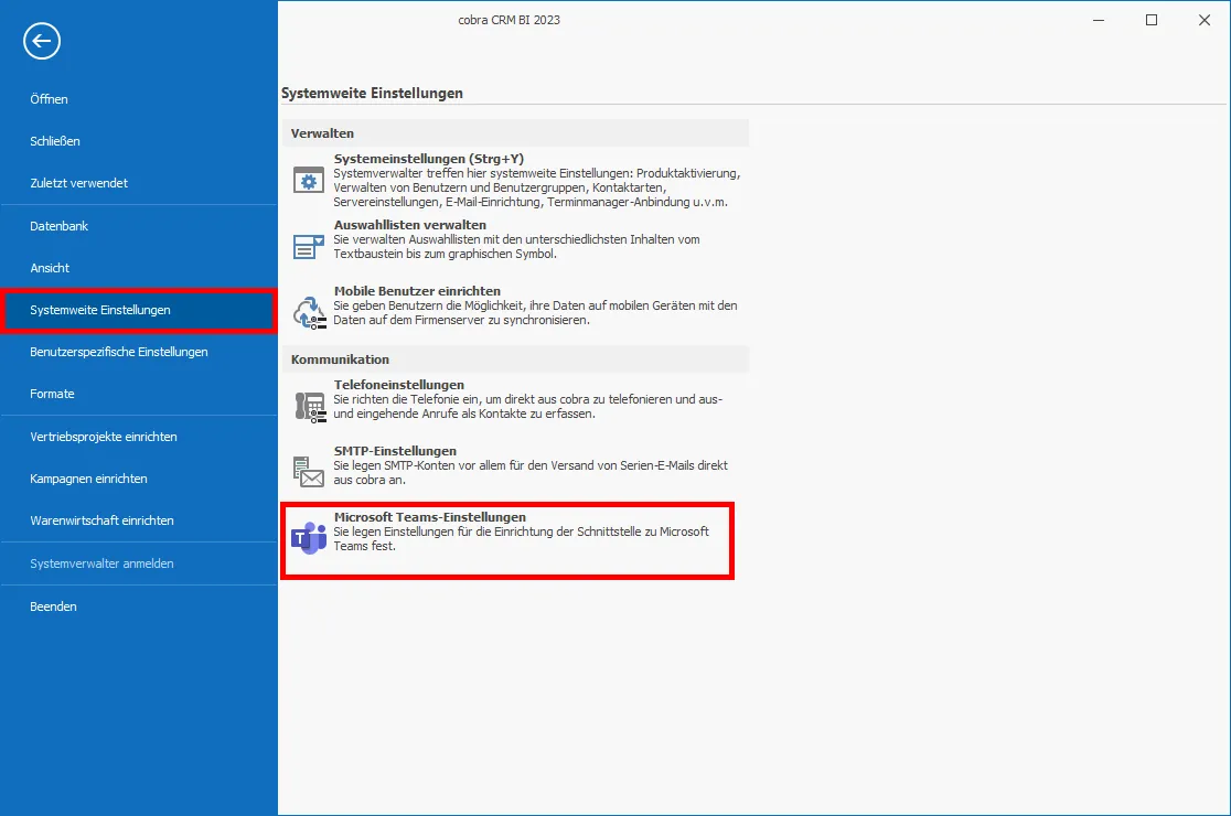 Teams Integration aktivieren Systemweite Einstellungen Teams-Einstellungen