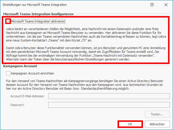 Teams Integration aktivieren konfigurieren