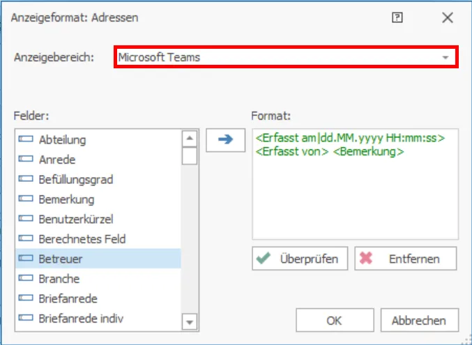 Teams Integration Nachricht Anzeigeformat