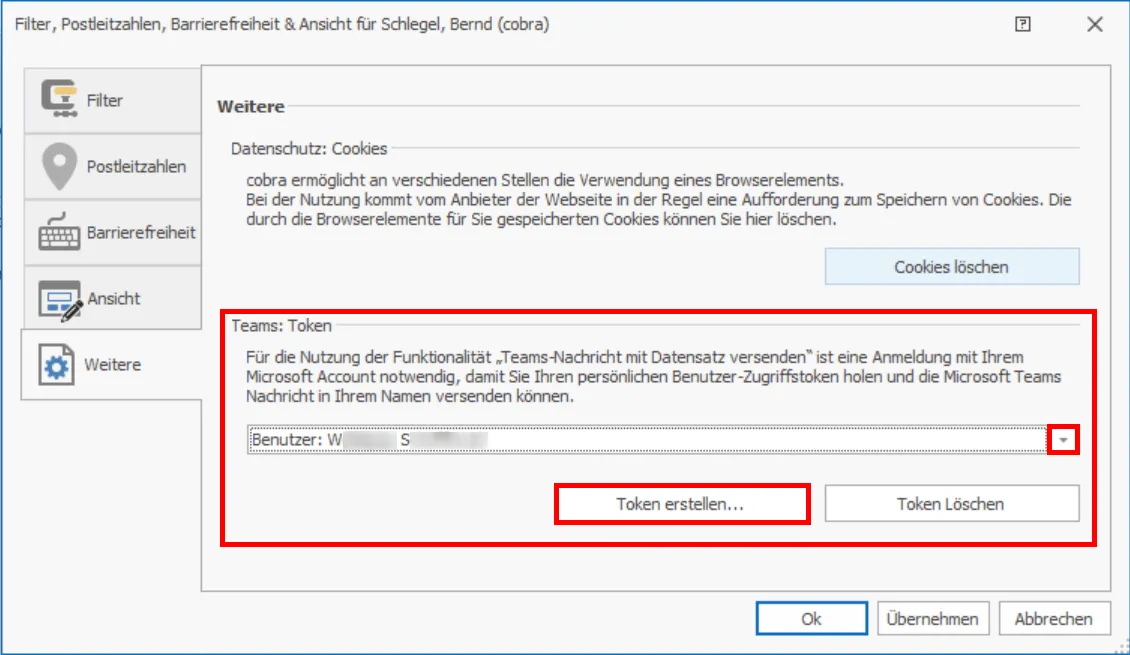 Teams Integration Token Benutzerspezifische Einstellungen