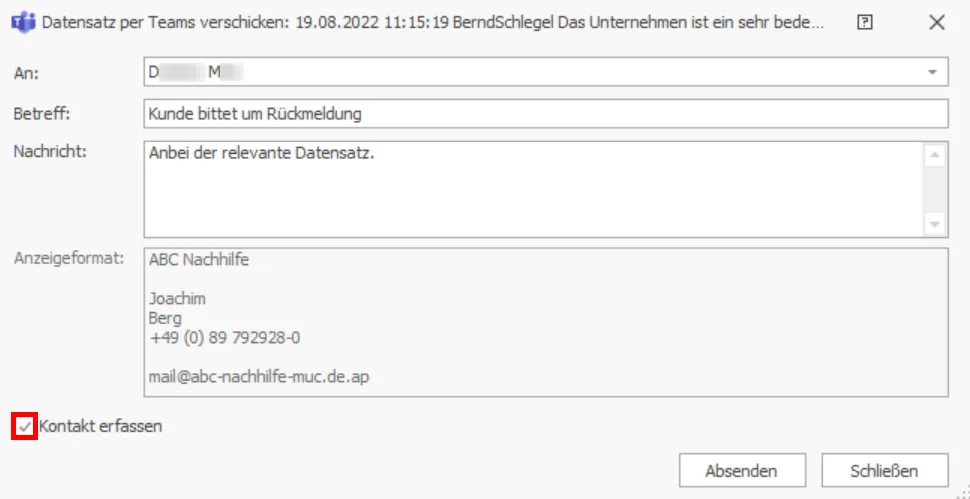 Datensatz per Teams verschicken