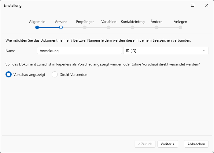 Paperless Integration Schaltflaeche Eingabemaske Einstellung Versand