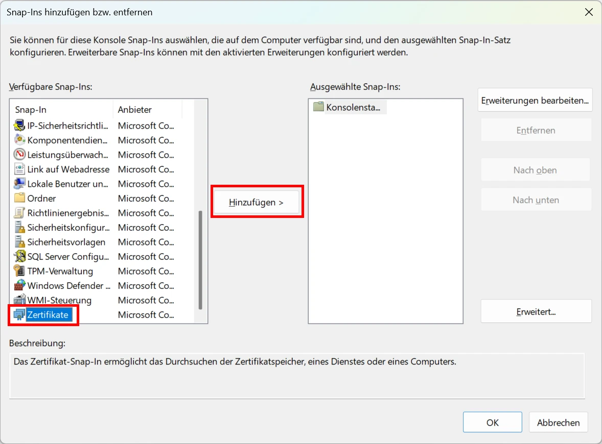 SSL Zertifikat Snap-In hinzufuegen Port binden