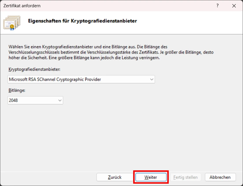 SSL Zertifikat Mobile CSR Zertifikatanforderung erstellen Kryptografie Einstellungen
