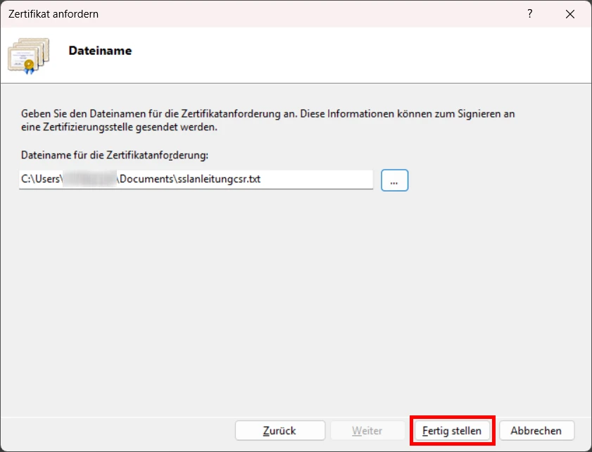 SSL Zertifikat Mobile CSR Zertifikatanforderung erstellen TXT Datei speichern