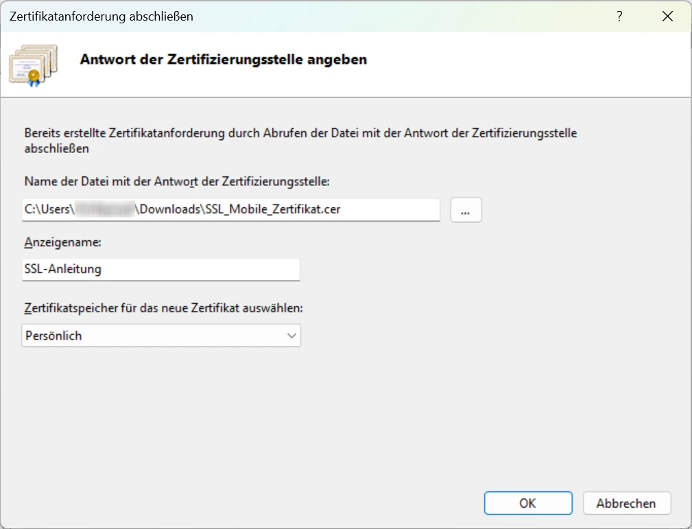 SSL Zertifikat Mobile installieren Zertifikatanforderung