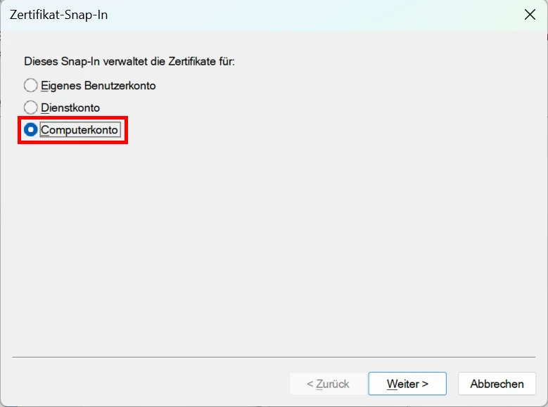 SSL Zertifikat Snap-In hinzufuegen Port binden Computerkonto
