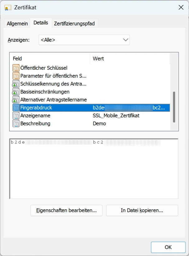 SSL Zertifikat Verzeichnis Eigene Zertifikate certhash Fingerprint