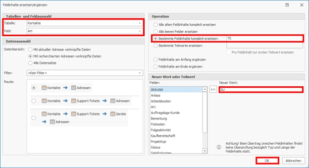 cobra Support MS Teams Kontaktart TS Feldinhalte Kuerzel ersetzen