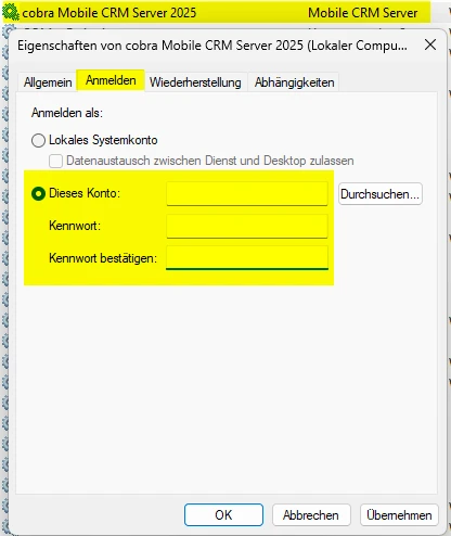 cobra Support Mobile CRM Tipps Dienst Windows Anmelden Dieses Konto