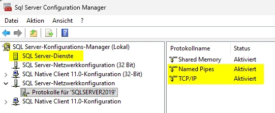 cobra Support SQL Server Verbindungsprobleme Konfiguration-Manager Ort Protokolle