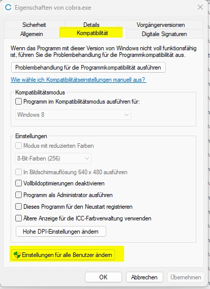 cobra Support unscharf Programmeigenschaften Kompatibilität Einstellungen