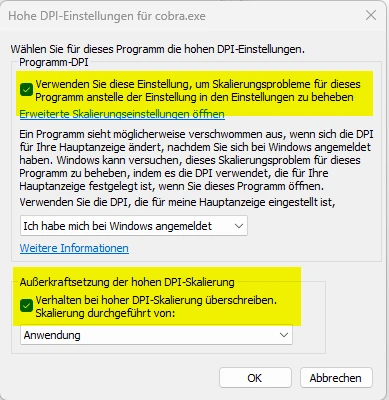 cobra Support unscharf Programmeigenschaften Hohe DPI-Einstellungen Optionen Skalierung