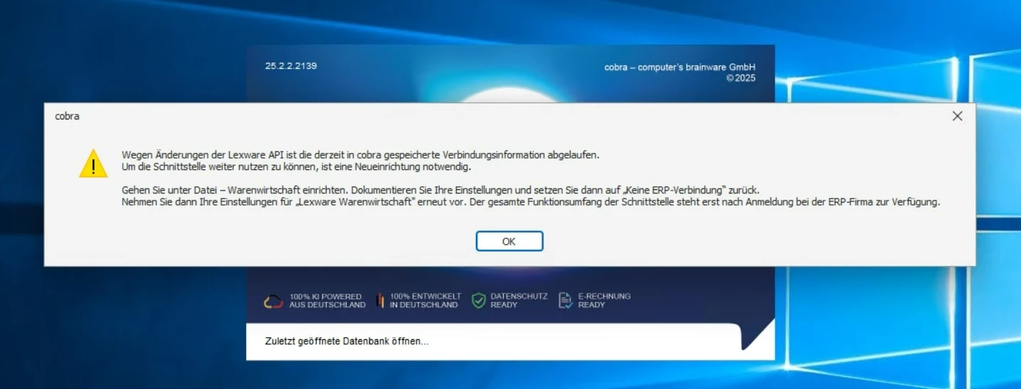 Warnhinweis beim Start von cobra: Lexware-Verbindungsinformation abgelaufen, Neueinrichtung notwendig