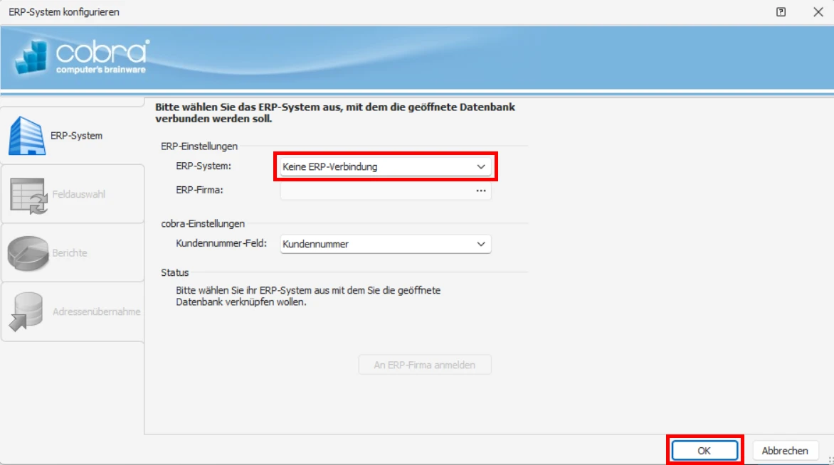 ERP-System konfigurieren Keine ERP-Verbindung auswählen