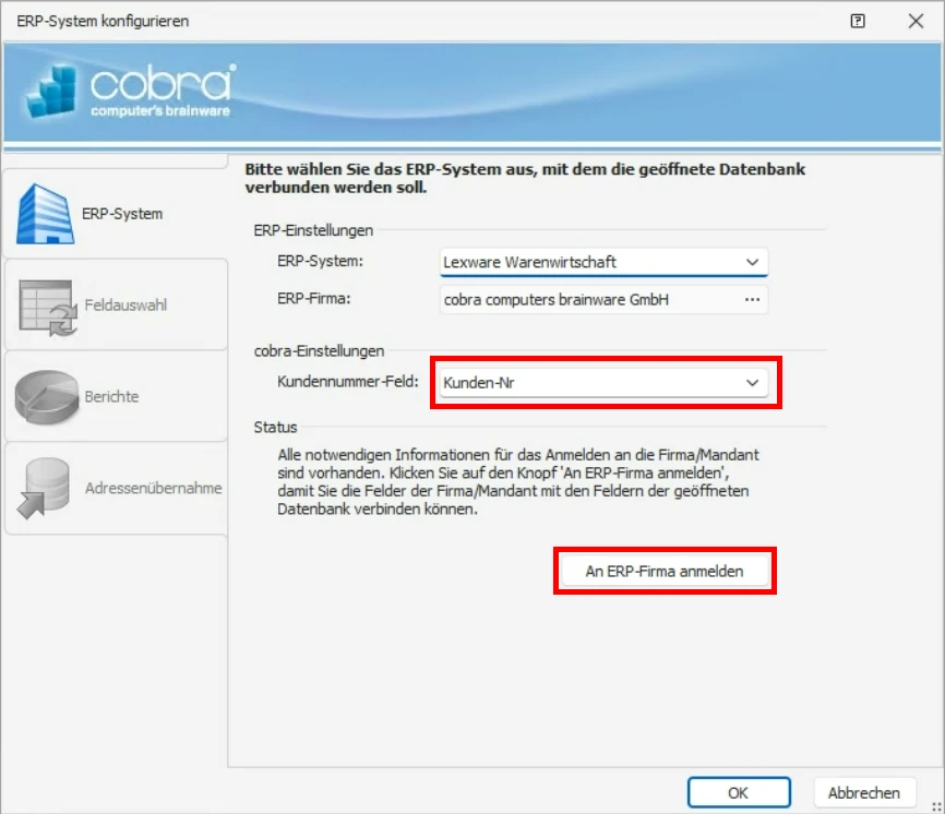 ERP-System konfigurieren Kundennummer-Feld und An ERP-Firma anmelden