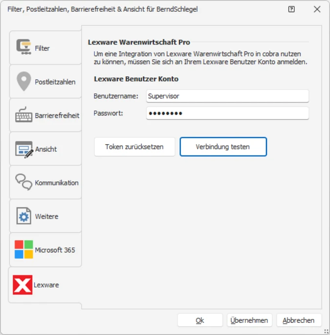 Benutzerspezifische Einstellungen Lexware Benutzerkonto Anmeldedaten Verbindung testen